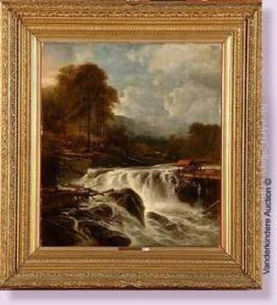 Bucherons Au Travail Le Long De La Cascade En Norvege Oil Painting by Jacobus Jacobs