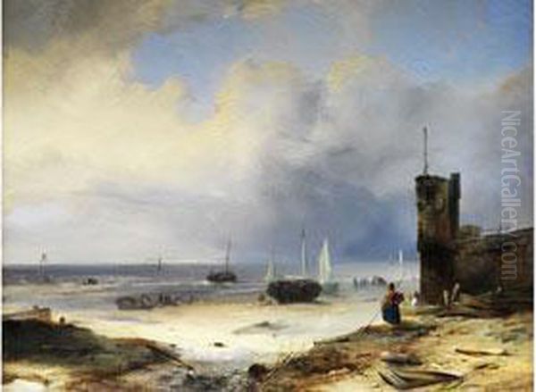 Niederlandischer Strand Mit Fischerbooten Und Einer Leuchtturmmauer Oil Painting by Jacobus Jacobs