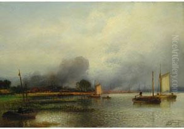 Segelboote Am Flussufer Oil Painting by Jacobus Jacobs