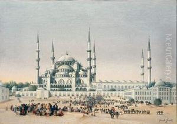 Foule Devant La Mosquee Sultan Ahmed (istanbul), Vers 1855 Oil Painting by Jacobus Jacobs