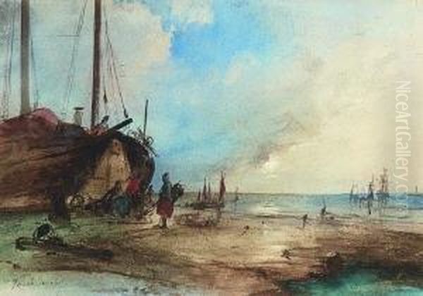 Fischerboote Am Strand. Oil Painting by Jacobus Jacobs