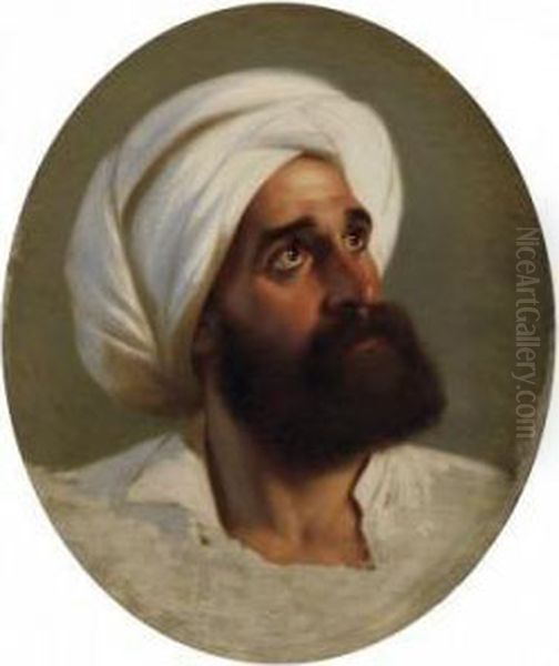 Portrait Of A Beardy Gentleman 
With White Turban. Study. Oil On Canvas. Laid Down On Cardboard. 53 X 
44cm. In Oval. Oil Painting by Paul Emil Jacobs