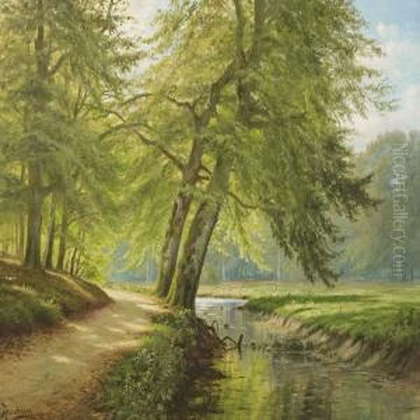 A Winding Stream Through Sunny Summer Forest Scenery Oil Painting by A. G. Jacobsen