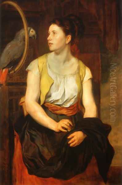 Mädchen mit Papagei (Die Gattin des Künstlers) (Girl with a Parrot (The Artist's Wife)) Oil Painting by Hans (Johann von Strasiripka) Canon