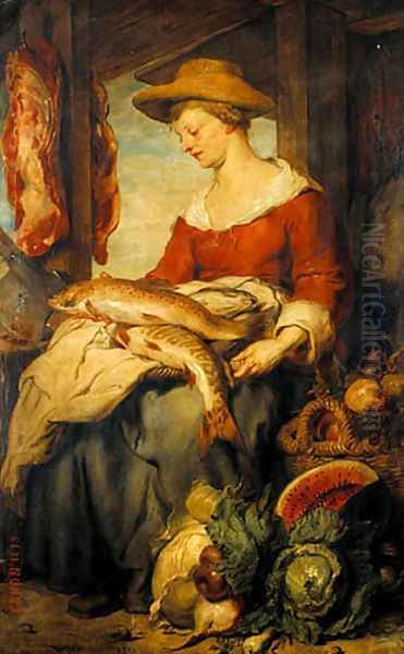 Junge Frau mit Strohhut als Verkäuferin auf dem Markt (Young Woman with a Strawhat as a Shop Assistant at the Market) Oil Painting by Hans (Johann von Strasiripka) Canon