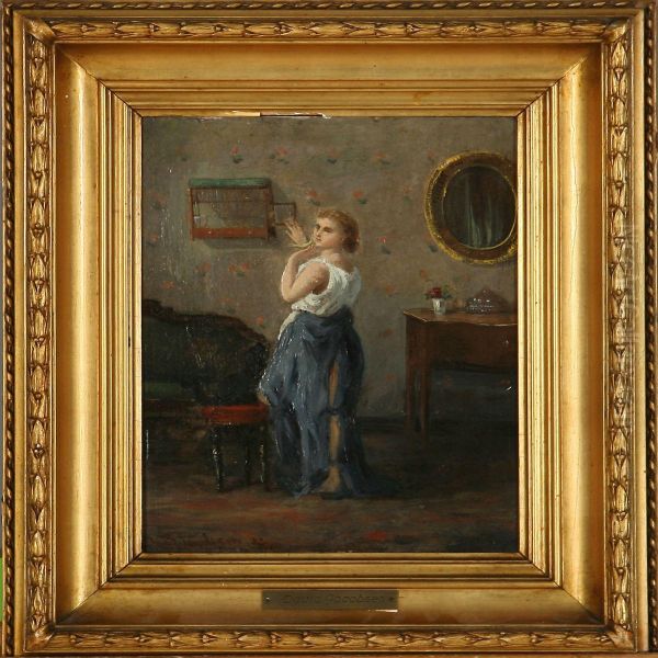 Girl With A Canary Oil Painting by David Jacobsen