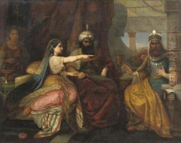 Esther Seating Next To King Ahasver Of Persia, Pleading For The Jewish People Oil Painting by David Jacobsen