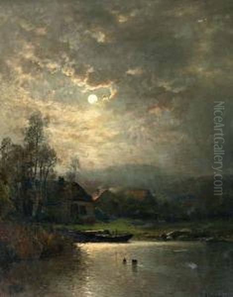 Boerderij Aan Het Water Bij Maanlicht Oil Painting by Sophus Jacobsen