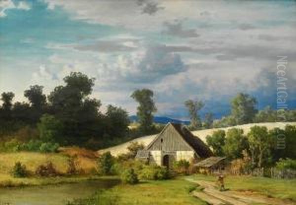 Mann I Landskap Med Hus Oil Painting by Sophus Jacobsen