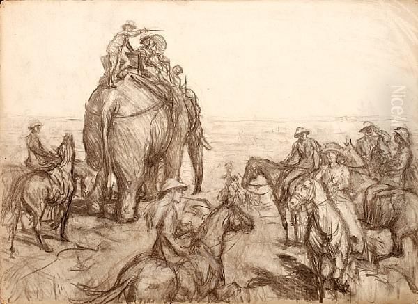 British Officials Accompanying Figures Atop Anindian Elephant Oil Painting by George Percy Jacomb-Hood