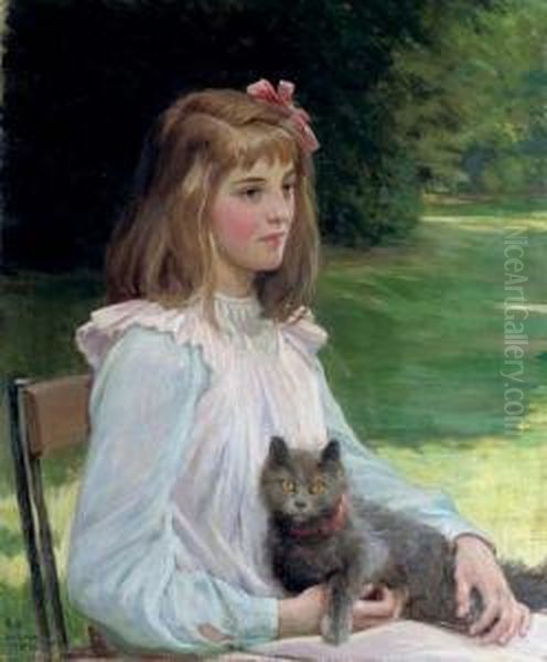 Young Girl With A Cat Oil Painting by George Percy Jacomb-Hood