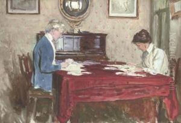 Claire Goff And Rita Jacomb-hood Reading The Morning Post At 26 Tite Street, Chelsea Oil Painting by George Percy Jacomb-Hood