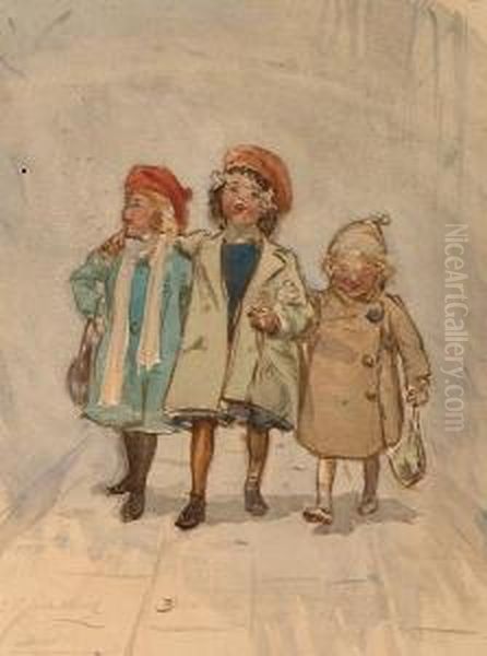 Three Little Girls From School. Oil Painting by George Percy Jacomb-Hood