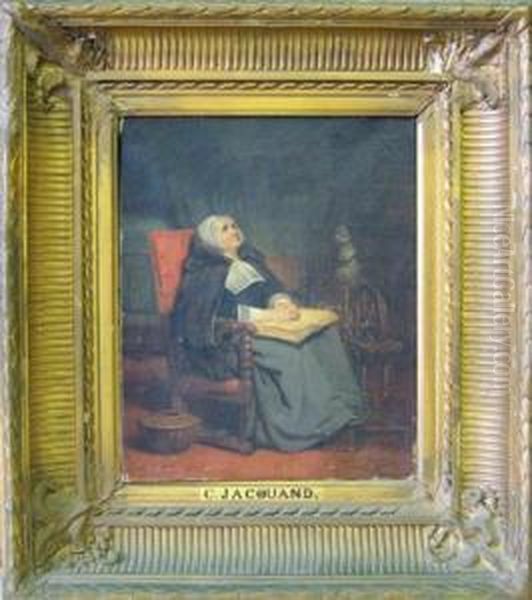 Seated Woman In Interior Oil Painting by Claude Jacquand