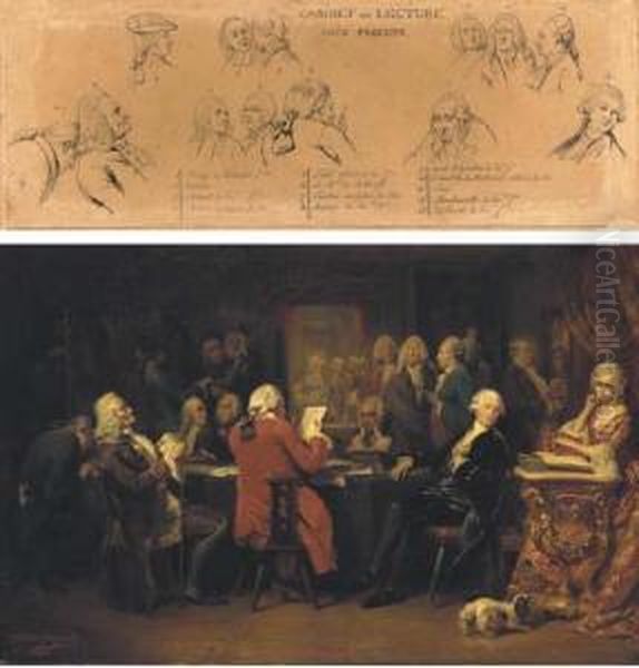 Voltaire Au Cabinet De Lecture 
Chez Procope; And Les Figures Principales Du Cabinet - A Study Oil Painting by Claude Jacquand