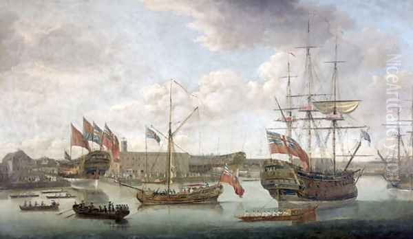 Launch at Deptford Dockyard, c.1750 Oil Painting by John the Elder Cleveley