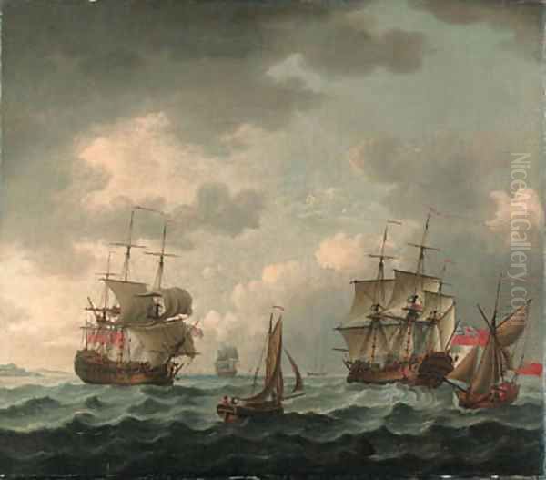 A British Man-o'-War in two positions, with other vessels off a coast Oil Painting by John the Elder Cleveley