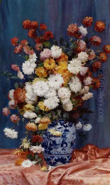 Degrande Adolphe Louis Mums In A Porcelain Vase Oil Painting by Adolphe Louis Castex-Degrange