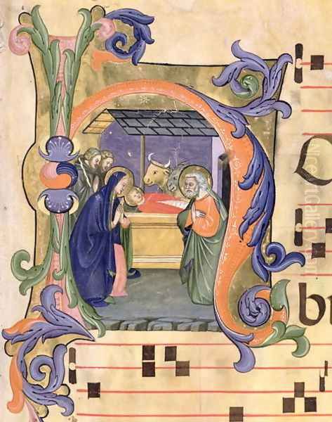 Ms 571 f.6r Historiated initial 'H' depicting the Nativity from an antiphon Oil Painting by Don Simone Camaldolese