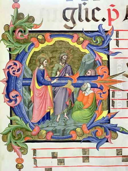 Ms 572 f.107 r Historiated initial 'E' depicting St. John the Baptist introducing Christ to two disciples, from an antiphone Oil Painting by Don Simone Camaldolese