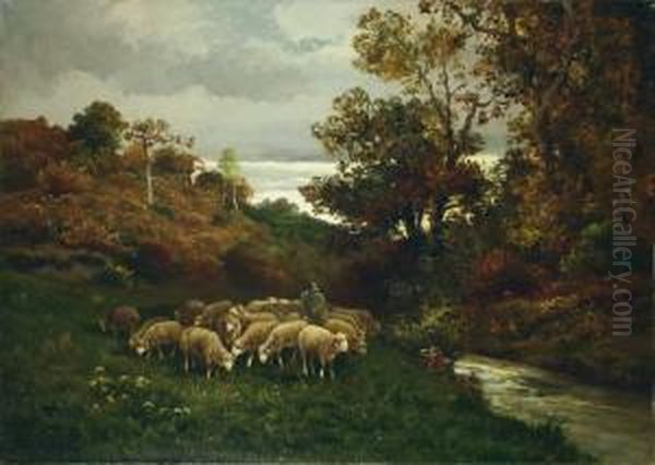 Schafer Mit Herde An Herbstlichem Bachufer. Oil Painting by Charles Jacques