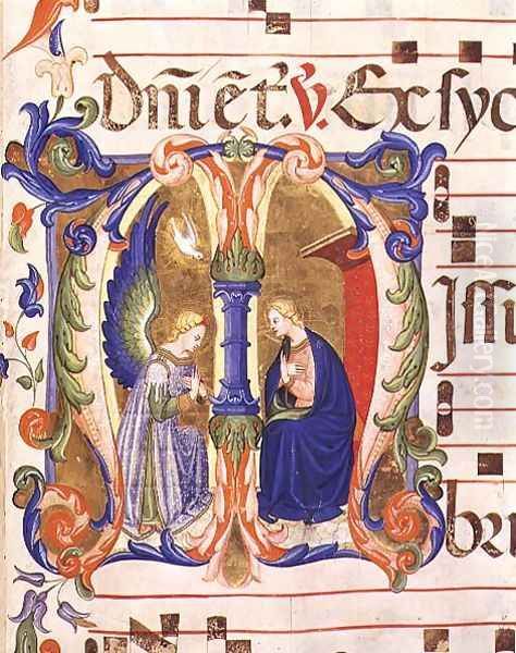 Ms 572 f.147r Historiated initial 'M' depicting the Annunciation from an antiphon from Santa Maria del Carmine, Florence Oil Painting by Don Simone Camaldolese