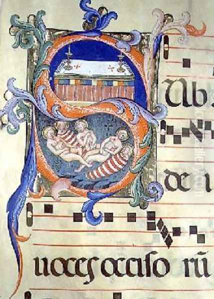 Ms 571 f.70r Historiated initial 'S' with the Massacre of the Innocents, from an antiphonal Oil Painting by Don Simone Camaldolese