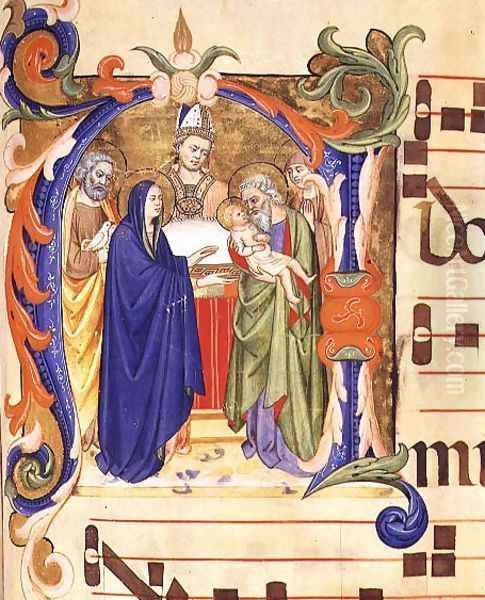 Ms 572 f.88r Historiated initial 'N' depicting the Presentation in the Temple from an antiphon from Santa Maria del Carmine, Florence Oil Painting by Don Simone Camaldolese