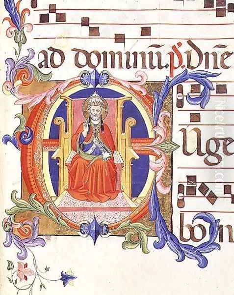 Ms 572 f.125r Historiated initial 'E' depicting St. Peter as the first bishop of Rome from an antiphon from Santa Maria del Carmine Oil Painting by Don Simone Camaldolese