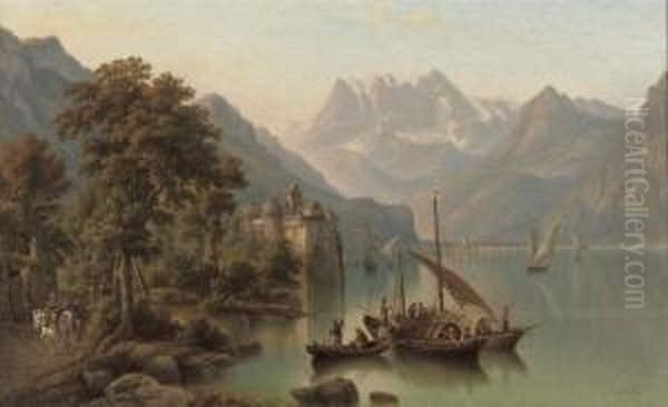 On A Calm Mountain Lake Oil Painting by Heinrich Jaeckel