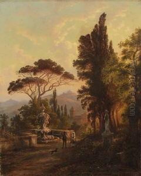 Sudliche Landschaft Mit Brunnen
 Und Figurengruppe Im Abendlicht. Oil Painting by Heinrich Jaeckel