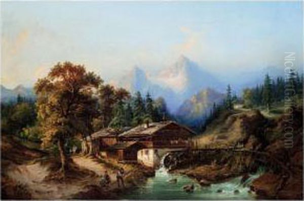 A Cabin Beneath The Mountains Oil Painting by Heinrich Jaeckel