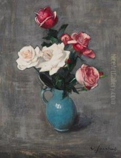 Rosen In Blauem Tonkrug Oil Painting by Willy Jaeckel