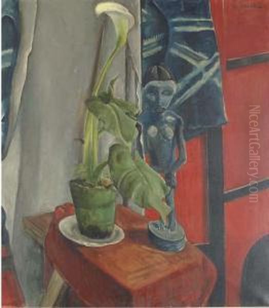 Calla Lilly And A African Sculpture Oil Painting by Willy Jaeckel