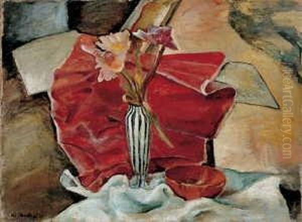 Stilleben Mit Blumenvase Vor Rotem Tuch Oil Painting by Willy Jaeckel