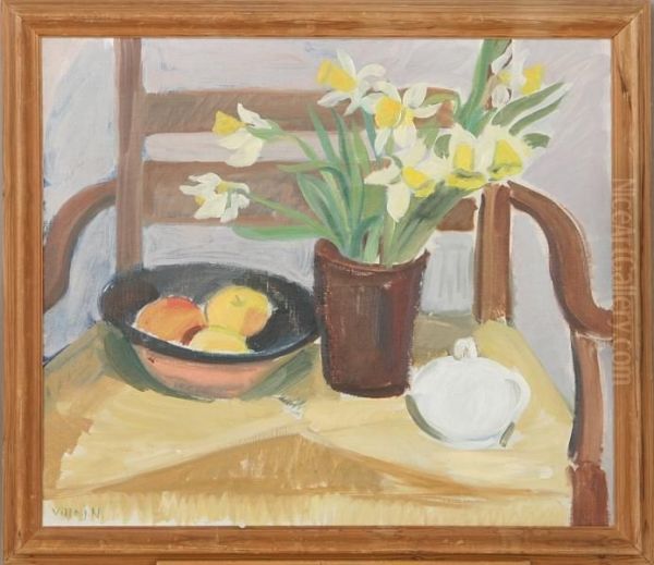 Still Life With Daffodils And Apples. Signed Ville J.n Oil Painting by Ville Jais-Nielsen