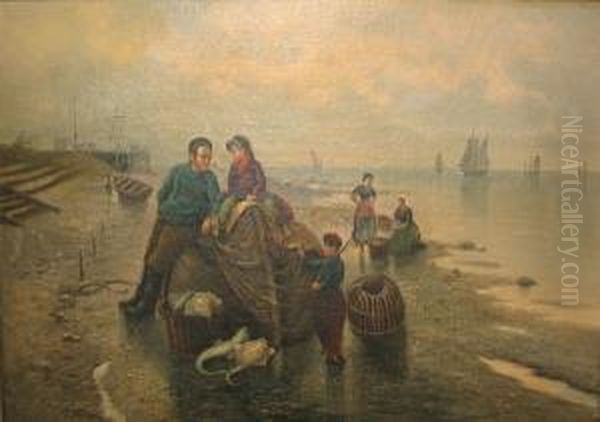 A Fisherman With His Family At Water's Edge Oil Painting by Ville Jais-Nielsen