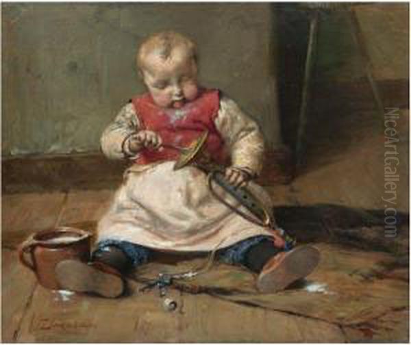 Child With A Trumpet Oil Painting by Georg Jakobides