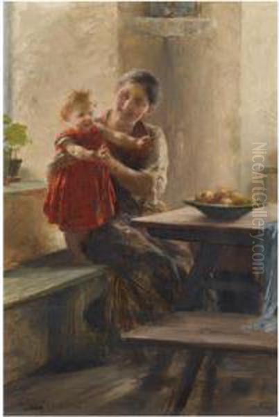 Mother And Child Oil Painting by Georg Jakobides