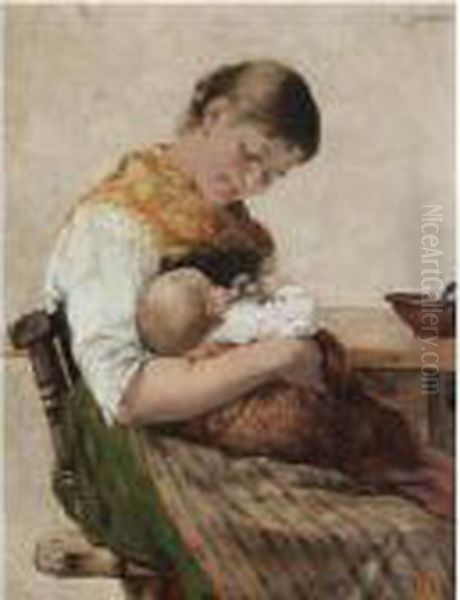 Maternal Affection Oil Painting by Georg Jakobides