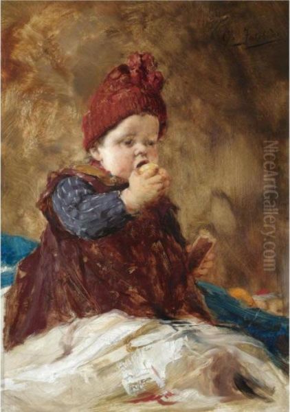 Child Eating An Apple Oil Painting by Georg Jakobides