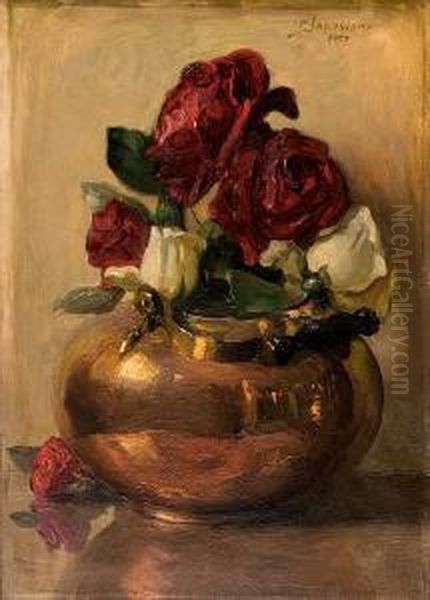 Brass Pot With Roses Oil Painting by Georg Jakobides