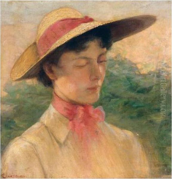 Young Girl With Hat Oil Painting by Georg Jakobides