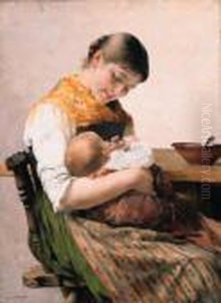 Mother And Child Oil Painting by Georg Jakobides