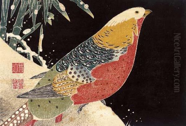 Golden Pheasant And Snow-covered Bamboo Oil Painting by Ito Jakuchu