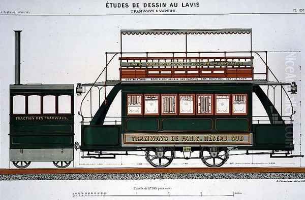 Design for a Steam Tram, plate 126 from 'The Industrial Practitioner' Oil Painting by A. Cheneveau