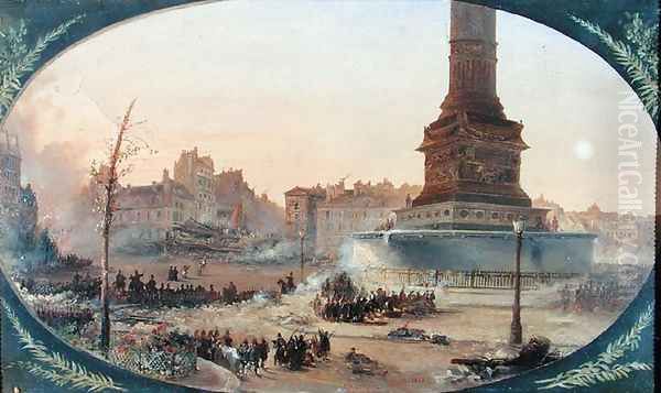 View of the Place de la Bastille and the Barricade at Faubourg Saint-Antoine, 25th June 1848, 1848-60 Oil Painting by Jean-Jacques Champin