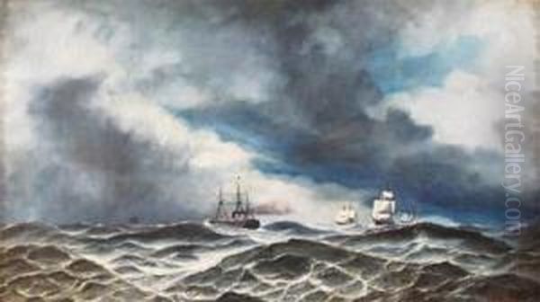 Sailing Ships In A Stormy Sea Oil Painting by David James