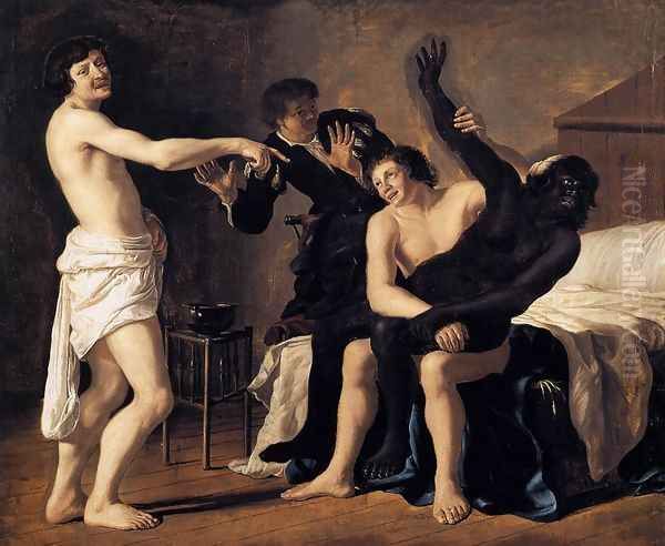 Three Young White Men and a Black Woman 1632 Oil Painting by Christiaen van Couwenbergh