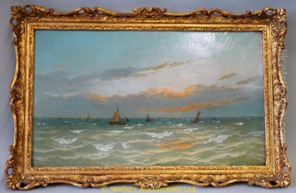 Fishing Vessels Under Sail In Choppy Seas Oil Painting by David James